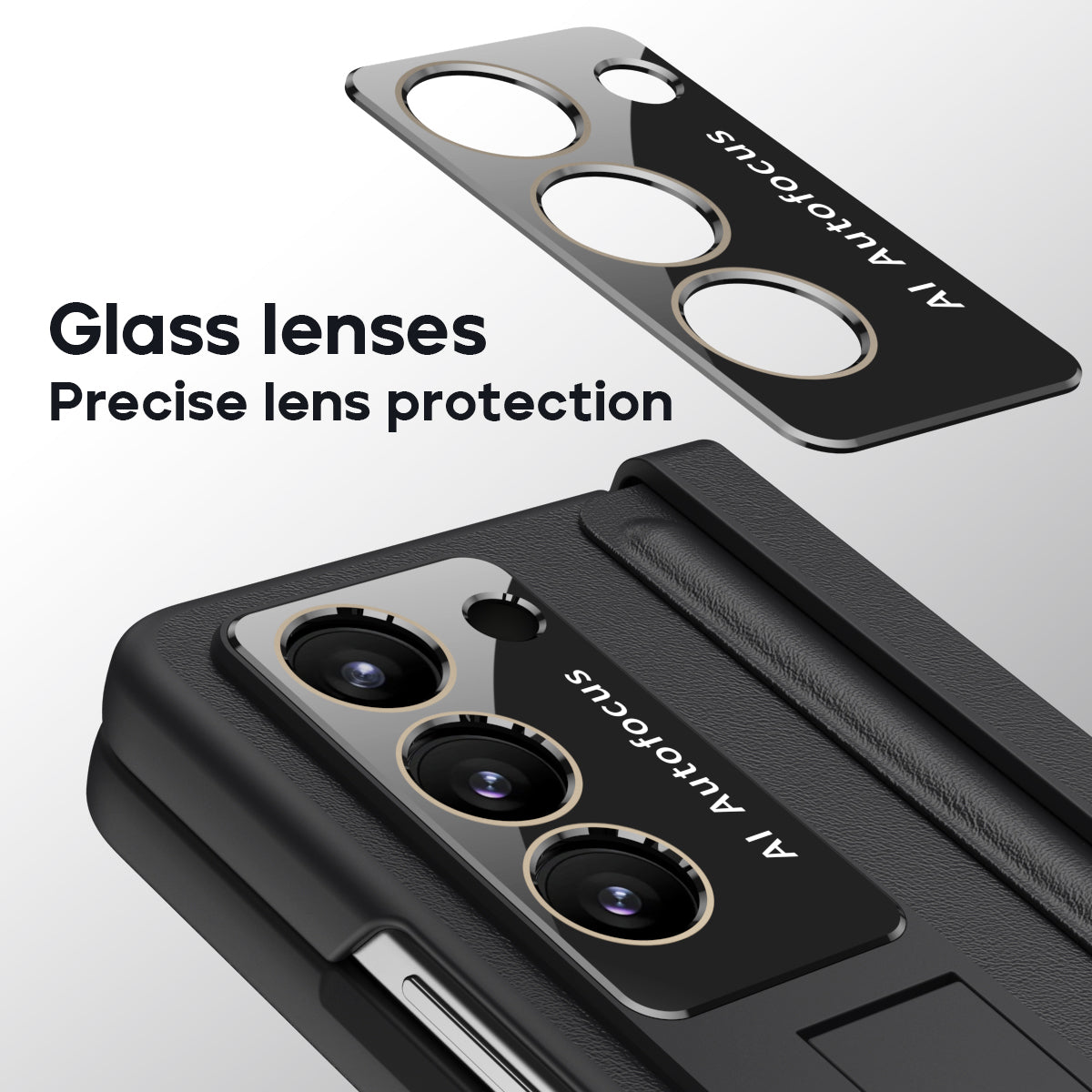 For Samsung Galaxy Z Fold6 5G Case Hinge Leather+PC Kickstand Phone Cover with Tempered Glass Film - Black