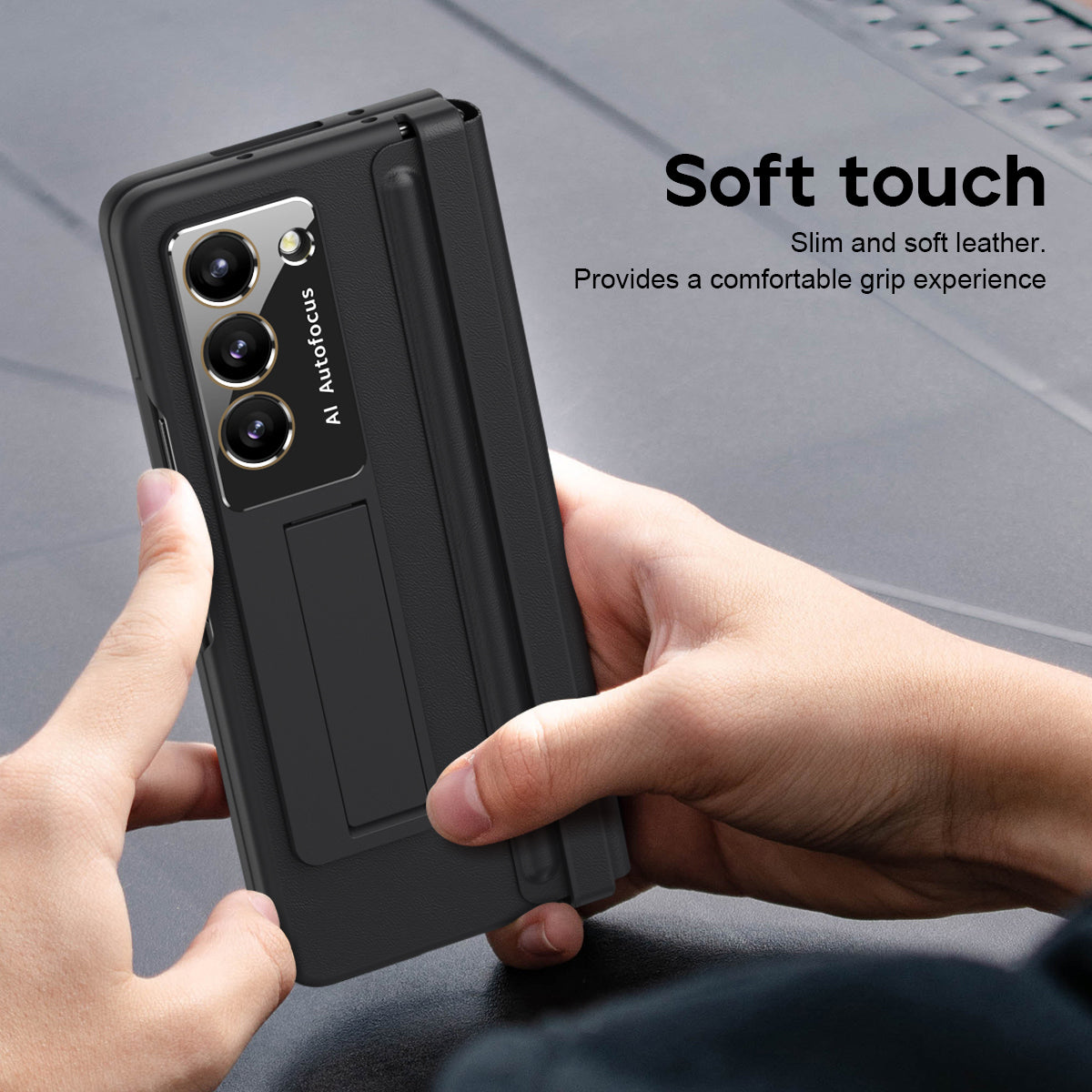 For Samsung Galaxy Z Fold6 5G Case Hinge Leather+PC Kickstand Phone Cover with Tempered Glass Film - Black