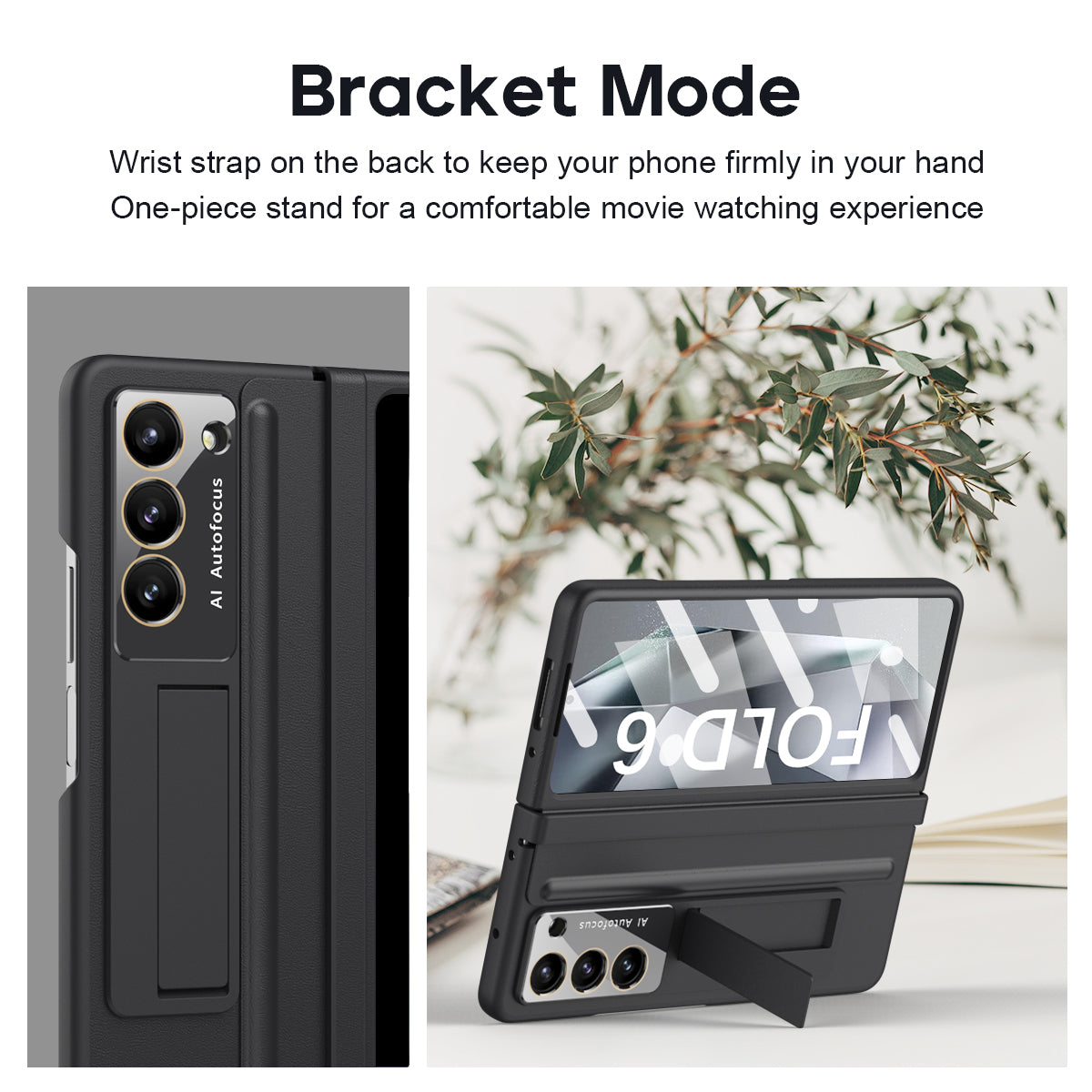 For Samsung Galaxy Z Fold6 5G Case Hinge Leather+PC Kickstand Phone Cover with Tempered Glass Film - Black
