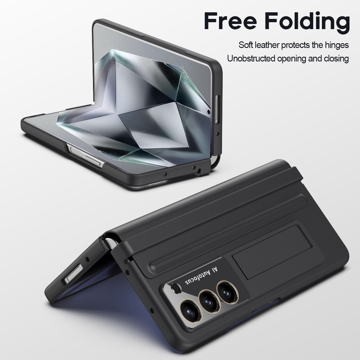 For Samsung Galaxy Z Fold6 5G Case Hinge Leather+PC Kickstand Phone Cover with Tempered Glass Film - Black