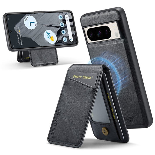 FIERRE SHANN 025 Style For Google Pixel 8 Pro Case PU+TPU Phone Cover with Detachable Card Holder Kickstand - Black