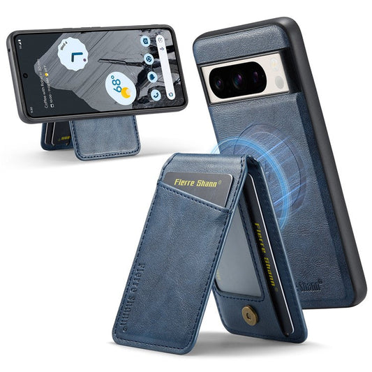 FIERRE SHANN 025 Style For Google Pixel 8 Pro Case PU+TPU Phone Cover with Detachable Card Holder Kickstand - Blue