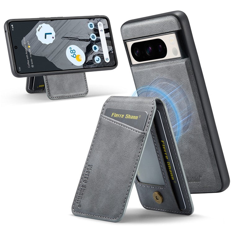 FIERRE SHANN 025 Style For Google Pixel 8 Pro Case PU+TPU Phone Cover with Detachable Card Holder Kickstand - Grey