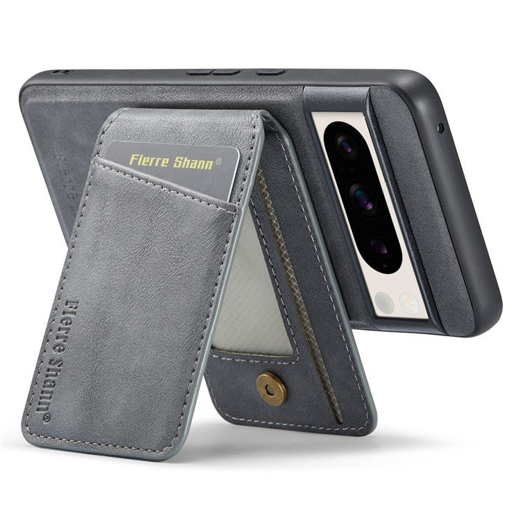 FIERRE SHANN 025 Style For Google Pixel 8 Pro Case PU+TPU Phone Cover with Detachable Card Holder Kickstand - Grey