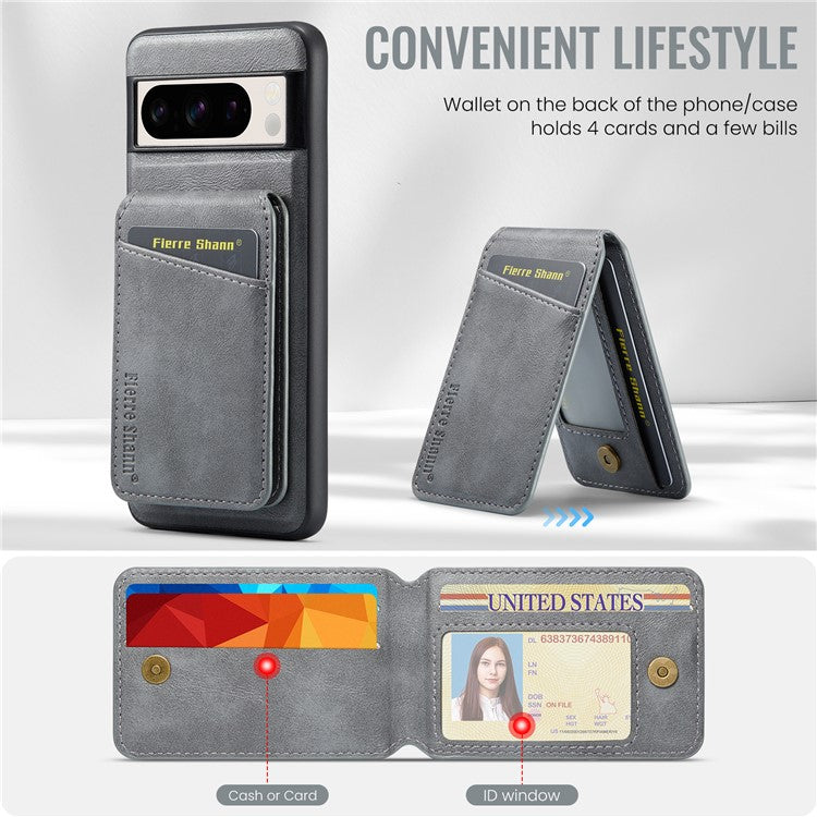 FIERRE SHANN 025 Style For Google Pixel 8 Pro Case PU+TPU Phone Cover with Detachable Card Holder Kickstand - Grey