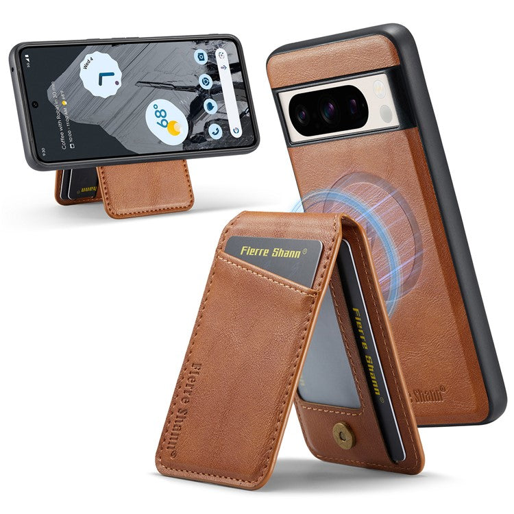 FIERRE SHANN 025 Style For Google Pixel 8 Pro Case PU+TPU Phone Cover with Detachable Card Holder Kickstand - Brown