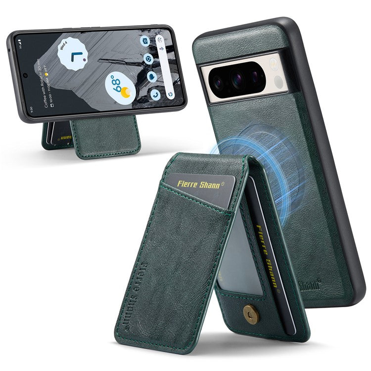 FIERRE SHANN 025 Style For Google Pixel 8 Pro Case PU+TPU Phone Cover with Detachable Card Holder Kickstand - Green