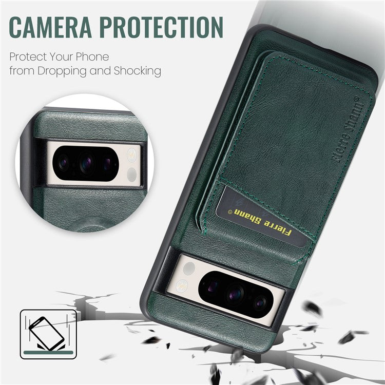 FIERRE SHANN 025 Style For Google Pixel 8 Pro Case PU+TPU Phone Cover with Detachable Card Holder Kickstand - Green