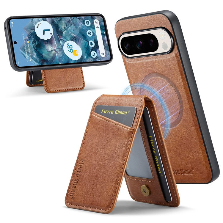FIERRE SHANN 025 Style For Google Pixel 9 Pro / Pixel 9 Case Card Holder PU+TPU Kickstand Phone Cover - Brown