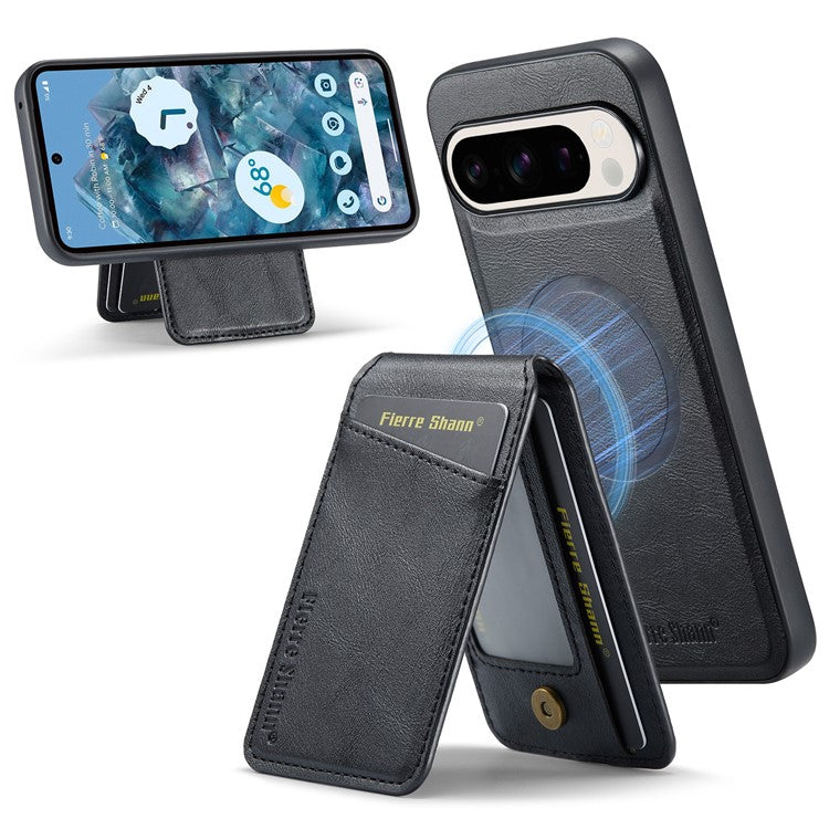 FIERRE SHANN 025 Style For Google Pixel 9 Pro / Pixel 9 Case Card Holder PU+TPU Kickstand Phone Cover - Black