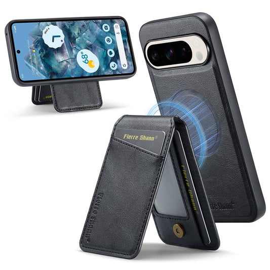 FIERRE SHANN 025 Style For Google Pixel 9 Pro / Pixel 9 Case Card Holder PU+TPU Kickstand Phone Cover - Black
