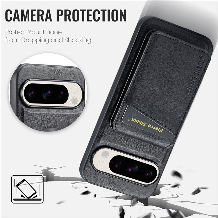 FIERRE SHANN 025 Style For Google Pixel 9 Pro / Pixel 9 Case Card Holder PU+TPU Kickstand Phone Cover - Black