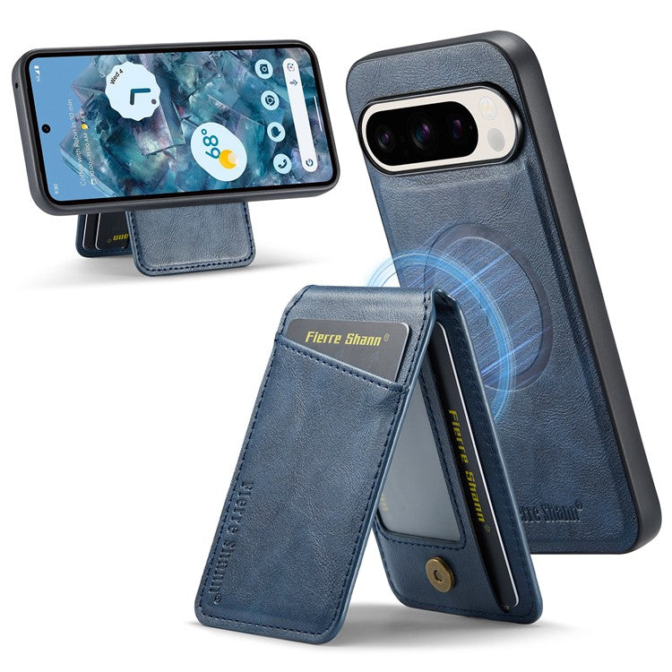 FIERRE SHANN 025 Style For Google Pixel 9 Pro / Pixel 9 Case Card Holder PU+TPU Kickstand Phone Cover - Blue