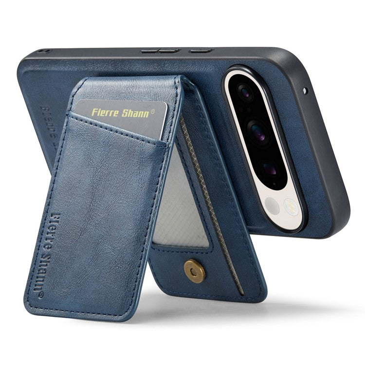 FIERRE SHANN 025 Style For Google Pixel 9 Pro / Pixel 9 Case Card Holder PU+TPU Kickstand Phone Cover - Blue