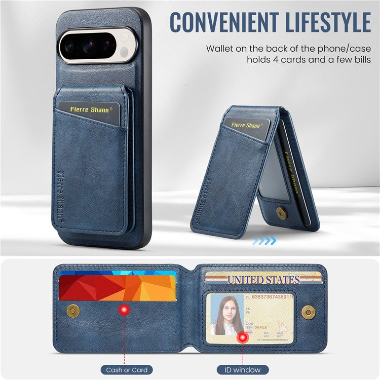 FIERRE SHANN 025 Style For Google Pixel 9 Pro / Pixel 9 Case Card Holder PU+TPU Kickstand Phone Cover - Blue