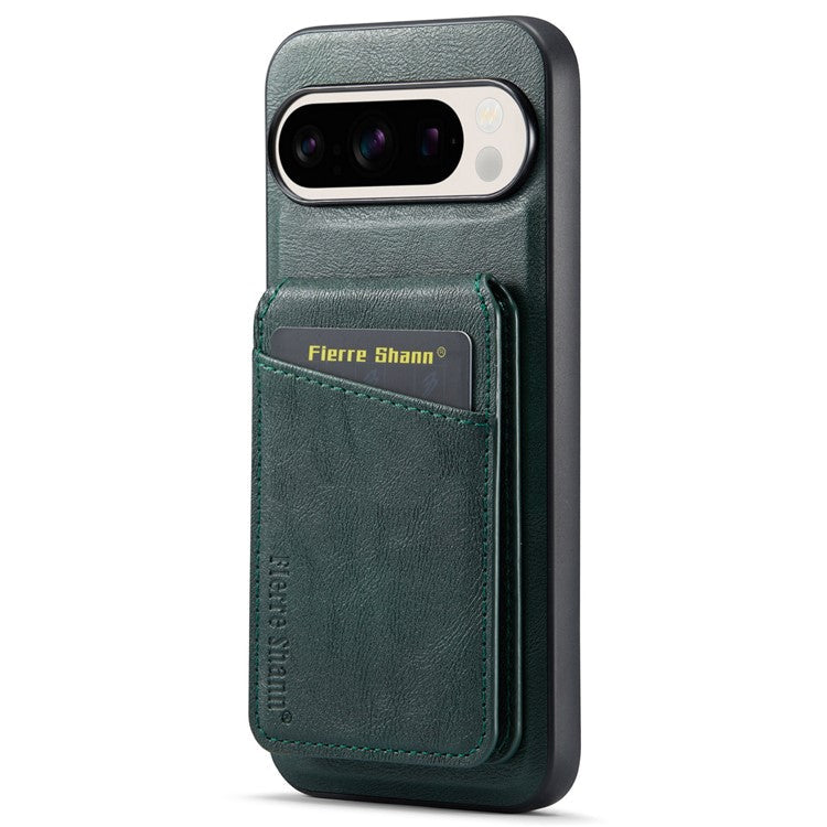 FIERRE SHANN 025 Style For Google Pixel 9 Pro / Pixel 9 Case Card Holder PU+TPU Kickstand Phone Cover - Green