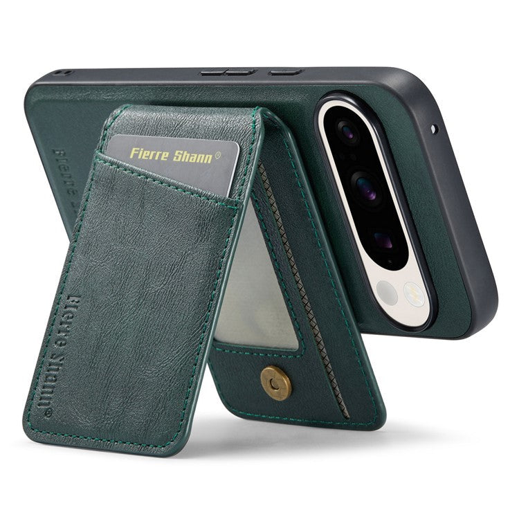 FIERRE SHANN 025 Style For Google Pixel 9 Pro / Pixel 9 Case Card Holder PU+TPU Kickstand Phone Cover - Green