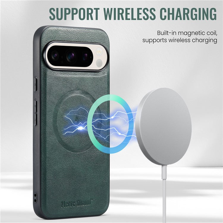 FIERRE SHANN 025 Style For Google Pixel 9 Pro / Pixel 9 Case Card Holder PU+TPU Kickstand Phone Cover - Green