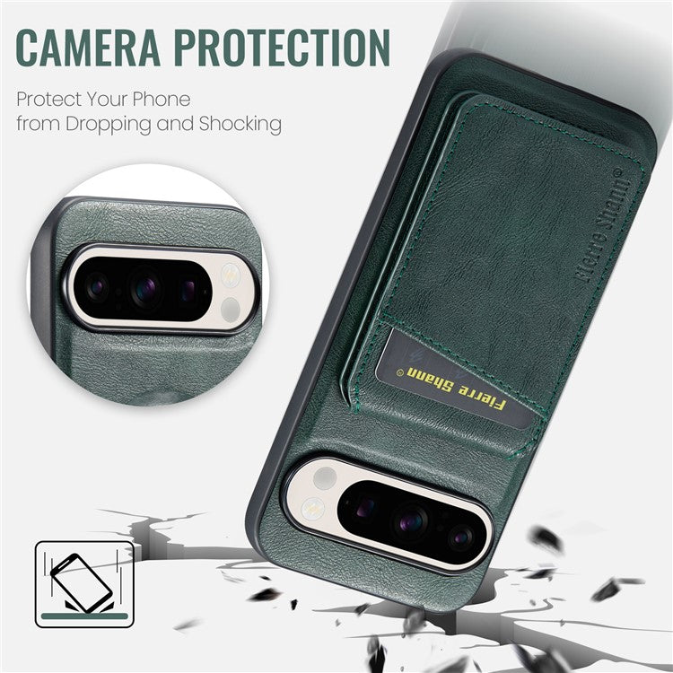 FIERRE SHANN 025 Style For Google Pixel 9 Pro / Pixel 9 Case Card Holder PU+TPU Kickstand Phone Cover - Green