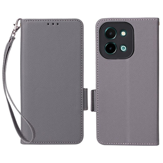 For vivo Y28 4G Shockproof Case Litchi Texture Leather Phone Cover with Strap - Grey