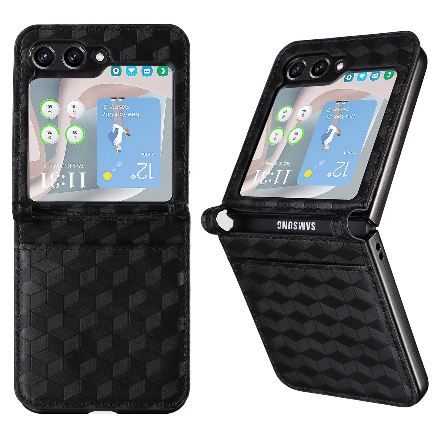 For Samsung Galaxy Z Flip6 5G Case PU Leather + PC Phone Cover Rhombus Card Slot - Black