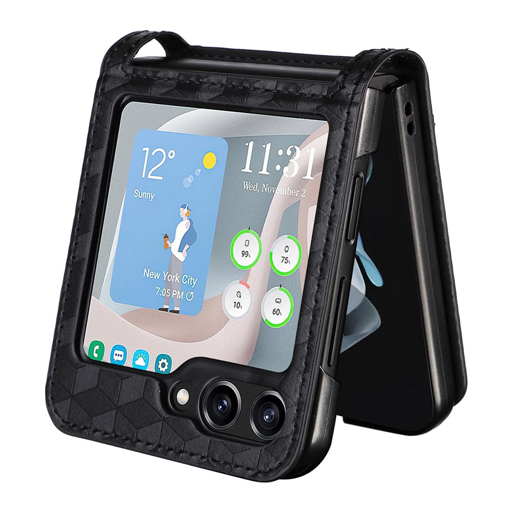 For Samsung Galaxy Z Flip7 FE 5G / Z Flip6 5G Case PU Leather + PC Phone Cover Rhombus Card Slot - Black