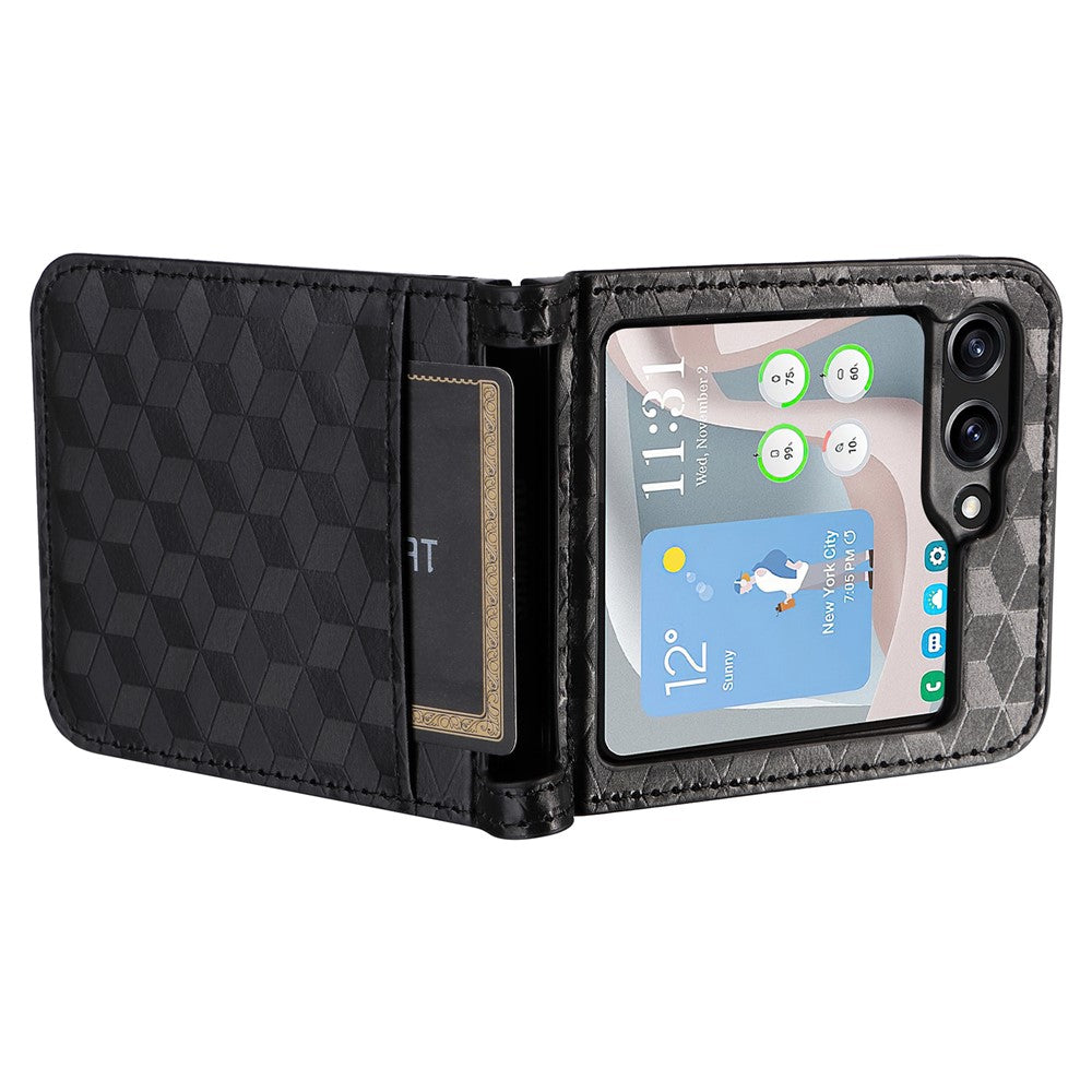 For Samsung Galaxy Z Flip7 FE 5G / Z Flip6 5G Case PU Leather + PC Phone Cover Rhombus Card Slot - Black