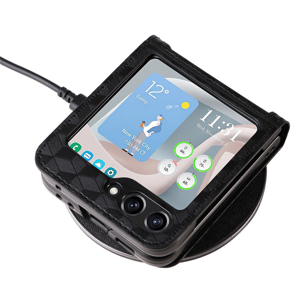 For Samsung Galaxy Z Flip7 FE 5G / Z Flip6 5G Case PU Leather + PC Phone Cover Rhombus Card Slot - Black