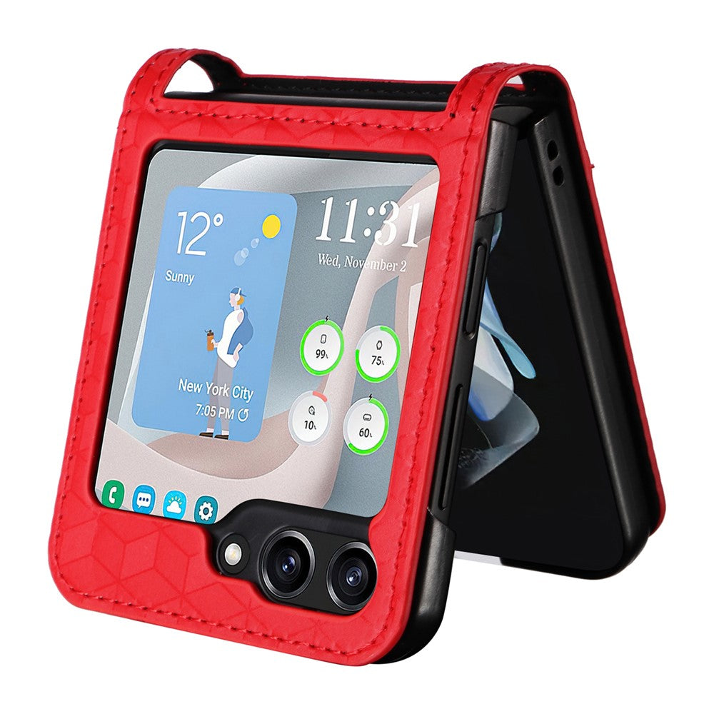 For Samsung Galaxy Z Flip7 FE 5G / Z Flip6 5G Case PU Leather + PC Phone Cover Rhombus Card Slot - Red