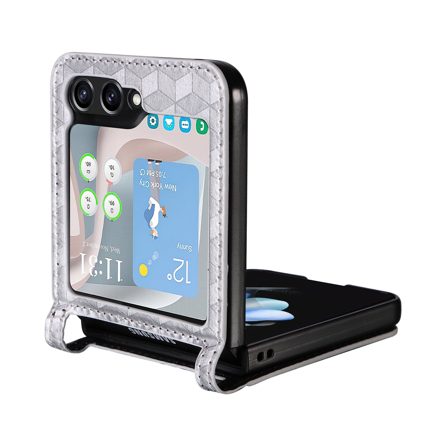 For Samsung Galaxy Z Flip6 5G Case PU Leather + PC Phone Cover Rhombus Card Slot - Silver