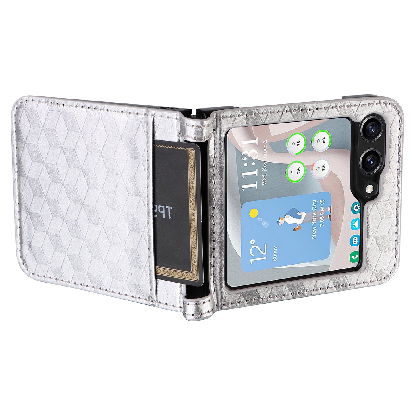 For Samsung Galaxy Z Flip6 5G Case PU Leather + PC Phone Cover Rhombus Card Slot - Silver