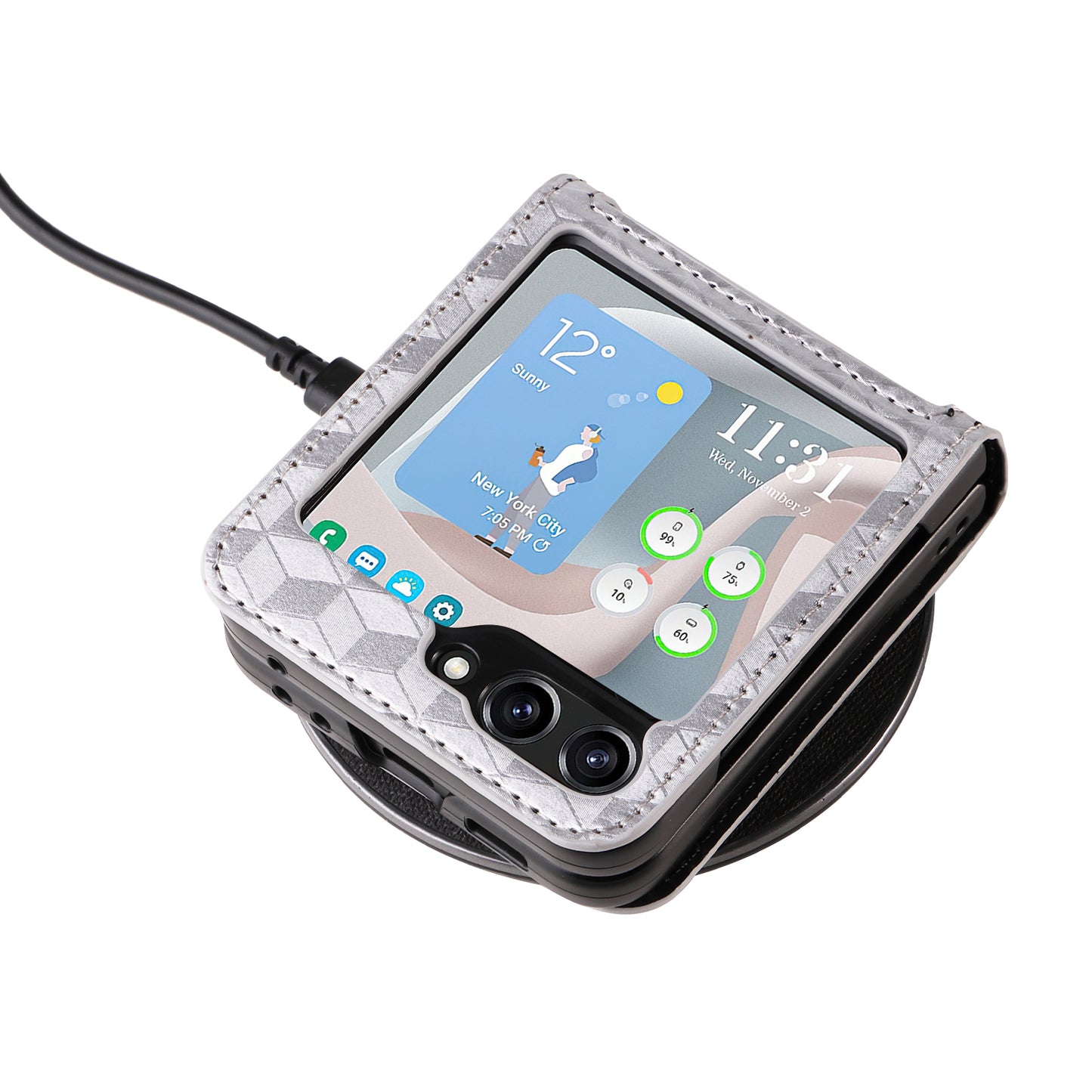 For Samsung Galaxy Z Flip6 5G Case PU Leather + PC Phone Cover Rhombus Card Slot - Silver