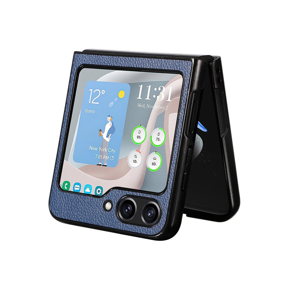 For Samsung Galaxy Z Flip7 FE 5G / Z Flip6 5G Case Litchi Texture Leather+Hard PC Phone Cover - Dark Blue