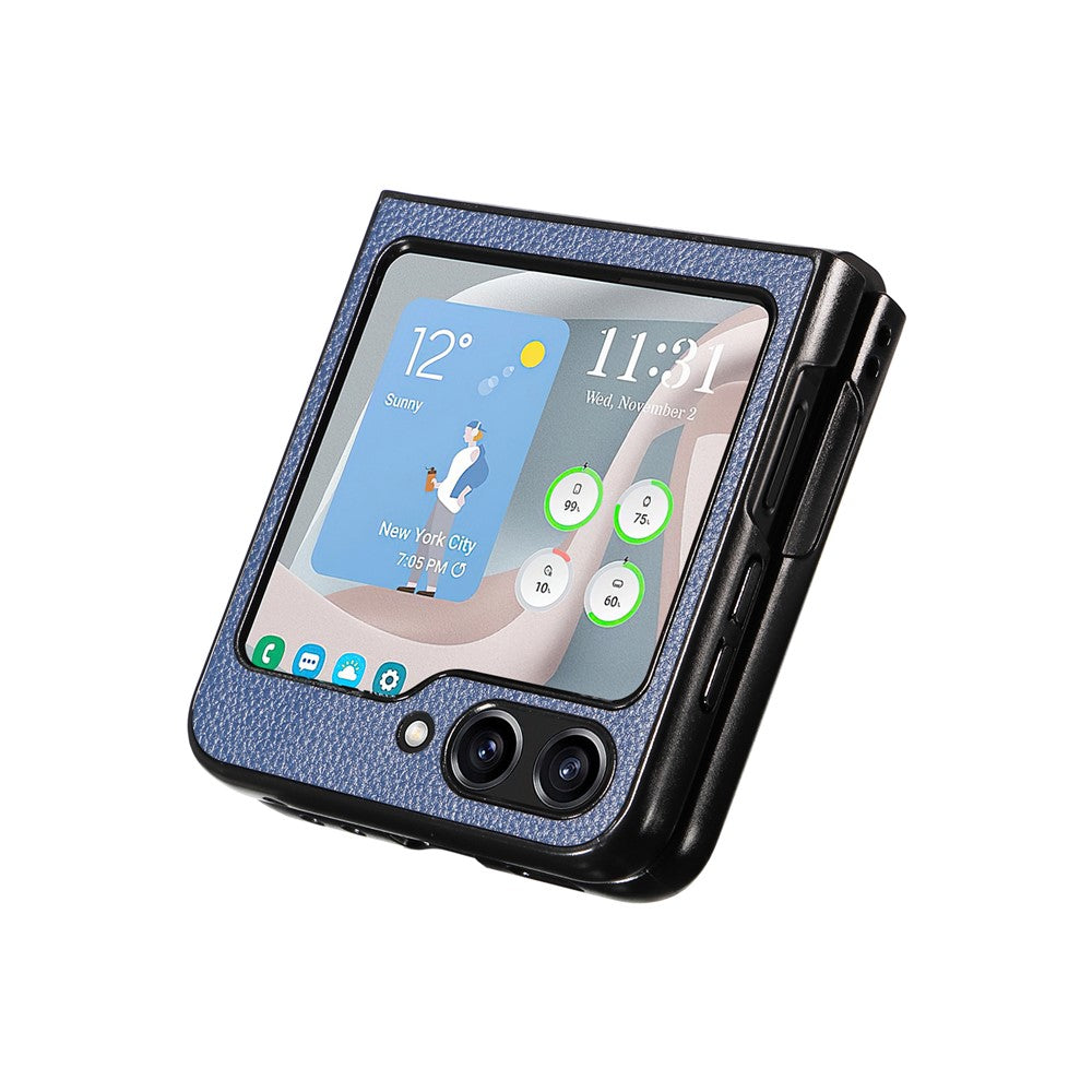 For Samsung Galaxy Z Flip7 FE 5G / Z Flip6 5G Case Litchi Texture Leather+Hard PC Phone Cover - Dark Blue