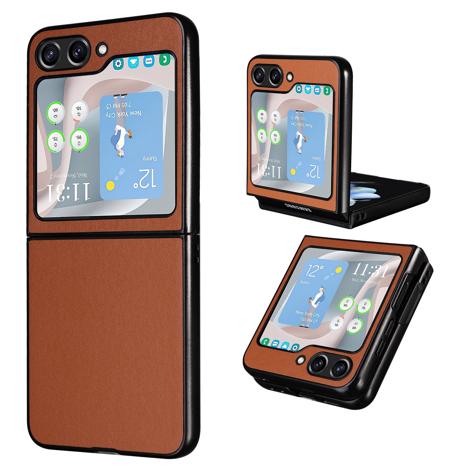 For Samsung Galaxy Z Flip6 5G Case PU Leather Hard PC Protective Phone Cover - Brown