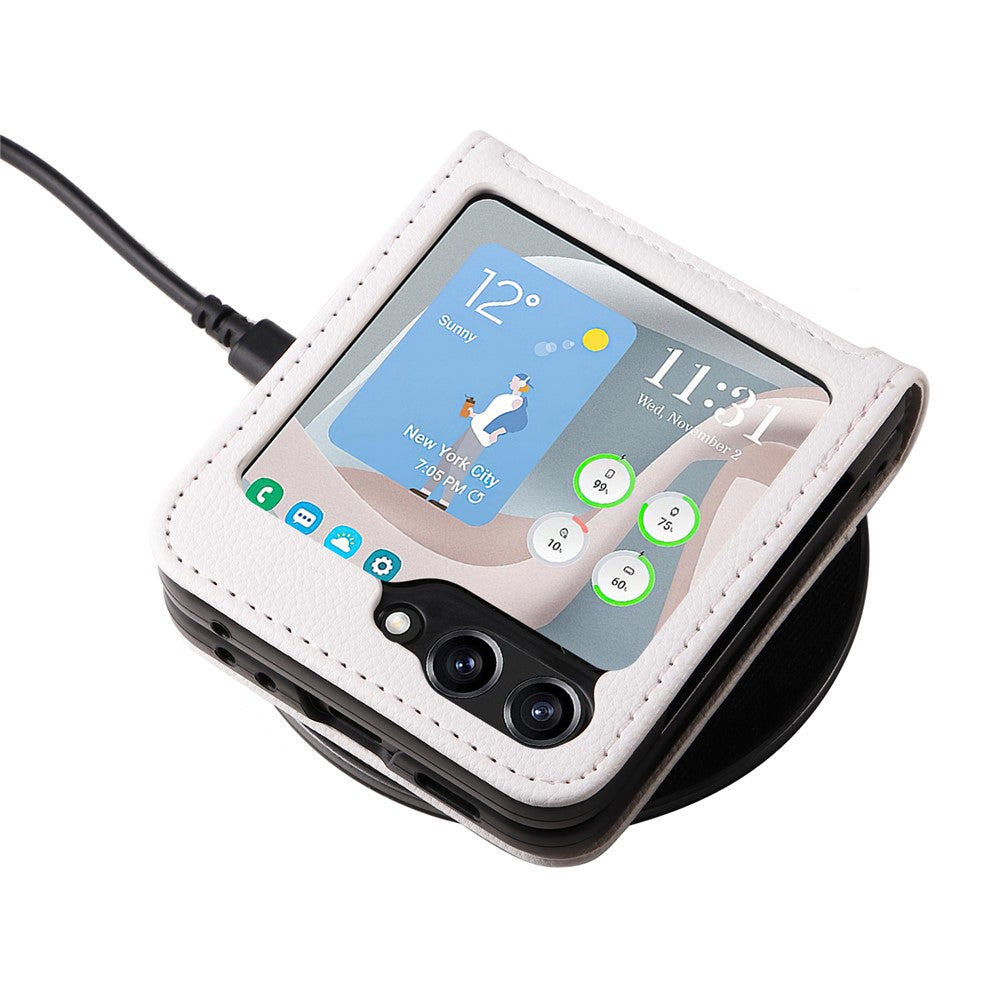 For Samsung Galaxy Z Flip7 FE 5G / Z Flip6 5G Case Litchi Texture PU Leather + PC Card Slot Phone Cover - White