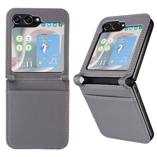 For Samsung Galaxy Z Flip7 FE 5G / Z Flip6 5G Case Litchi Texture PU Leather + PC Card Slot Phone Cover - Grey