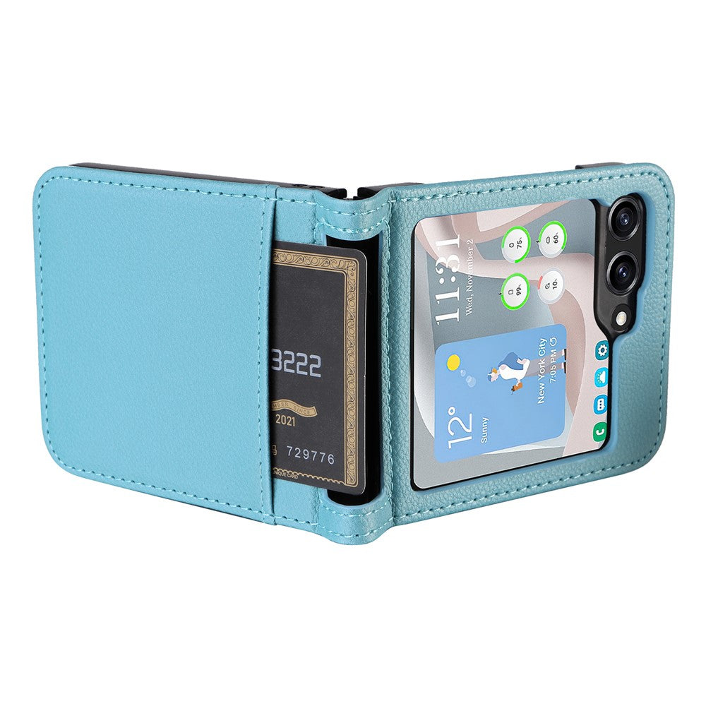 For Samsung Galaxy Z Flip7 FE 5G / Z Flip6 5G Case Litchi Texture PU Leather + PC Card Slot Phone Cover - Baby Blue