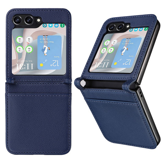 For Samsung Galaxy Z Flip7 FE 5G / Z Flip6 5G Case Litchi Texture PU Leather + PC Card Slot Phone Cover - Dark Blue