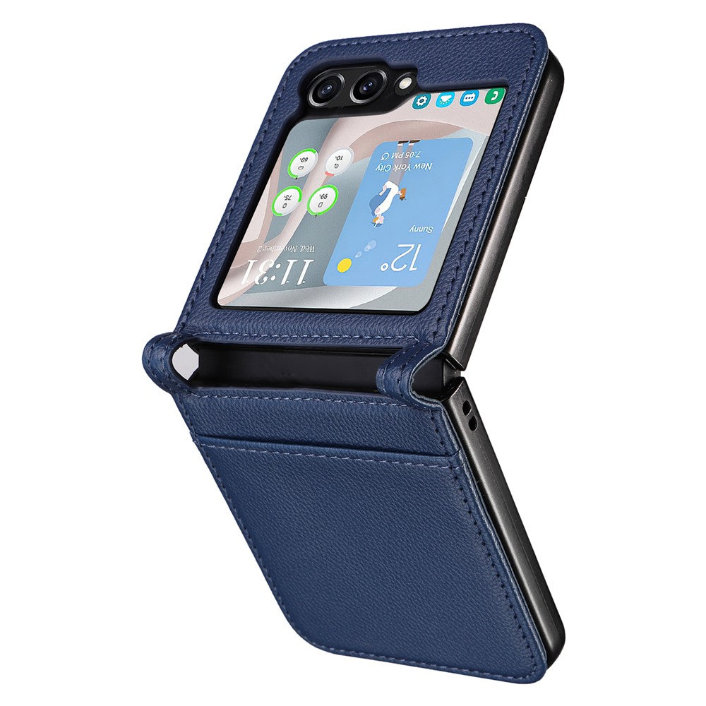 For Samsung Galaxy Z Flip7 FE 5G / Z Flip6 5G Case Litchi Texture PU Leather + PC Card Slot Phone Cover - Dark Blue