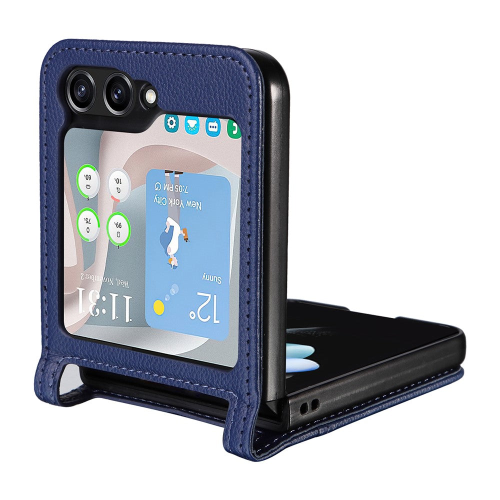 For Samsung Galaxy Z Flip7 FE 5G / Z Flip6 5G Case Litchi Texture PU Leather + PC Card Slot Phone Cover - Dark Blue
