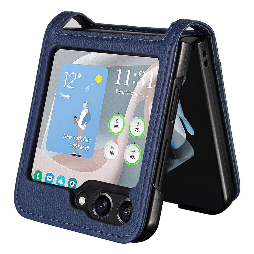 For Samsung Galaxy Z Flip7 FE 5G / Z Flip6 5G Case Litchi Texture PU Leather + PC Card Slot Phone Cover - Dark Blue