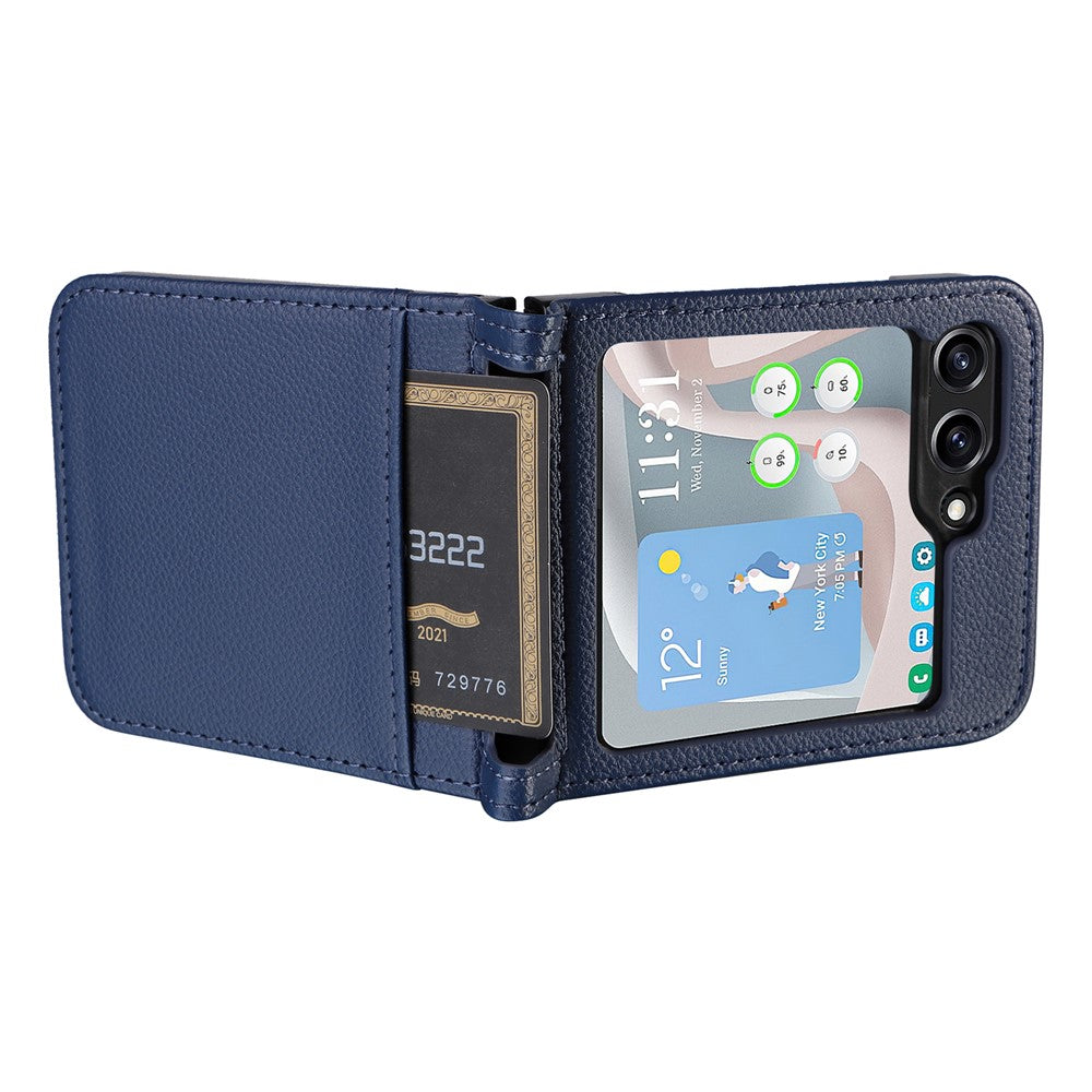 For Samsung Galaxy Z Flip7 FE 5G / Z Flip6 5G Case Litchi Texture PU Leather + PC Card Slot Phone Cover - Dark Blue