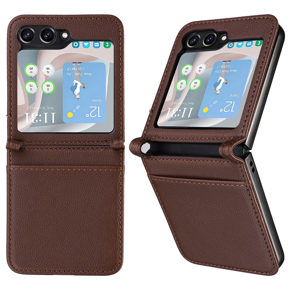 For Samsung Galaxy Z Flip7 FE 5G / Z Flip6 5G Case Litchi Texture PU Leather + PC Card Slot Phone Cover - Brown
