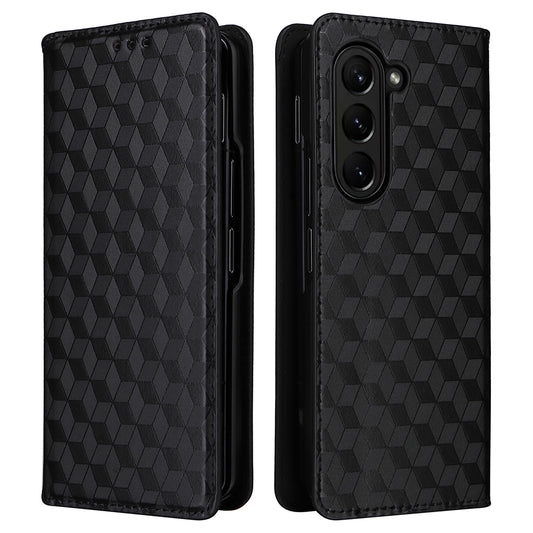 For Samsung Galaxy Z Fold6 5G Case Wallet PU Leather Phone Cover Rhombus Imprinted - Black