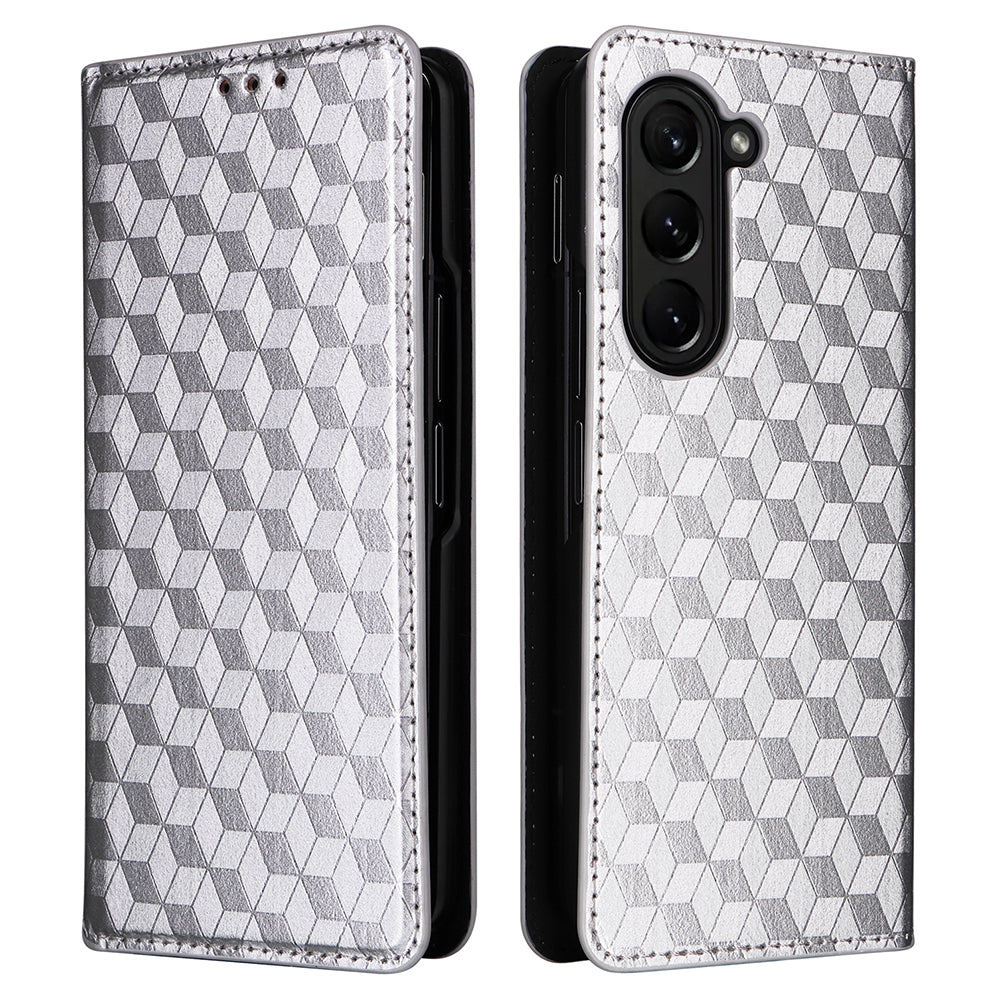 For Samsung Galaxy Z Fold6 5G Case Wallet PU Leather Phone Cover Rhombus Imprinted - Silver
