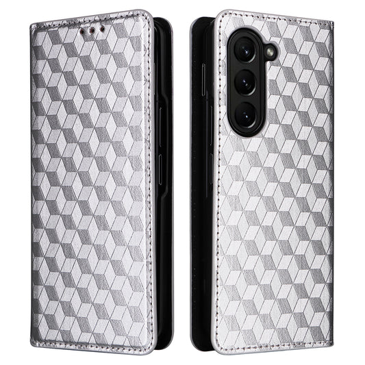 For Samsung Galaxy Z Fold6 5G Case Wallet PU Leather Phone Cover Rhombus Imprinted - Silver