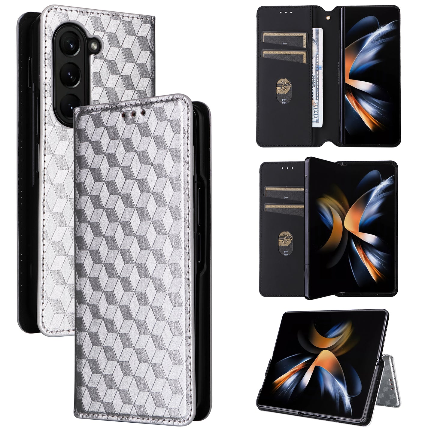 For Samsung Galaxy Z Fold6 5G Case Wallet PU Leather Phone Cover Rhombus Imprinted - Silver