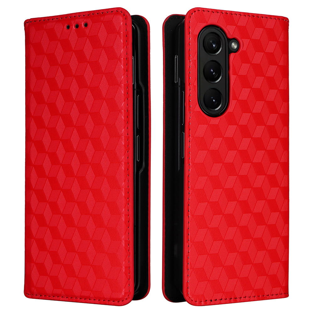 For Samsung Galaxy Z Fold6 5G Case Wallet PU Leather Phone Cover Rhombus Imprinted - Red