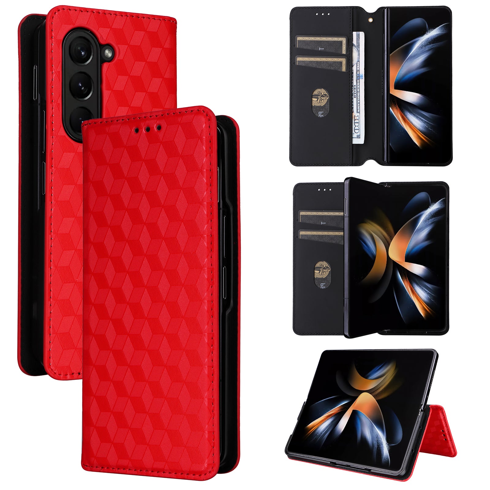 For Samsung Galaxy Z Fold6 5G Case Wallet PU Leather Phone Cover Rhombus Imprinted - Red